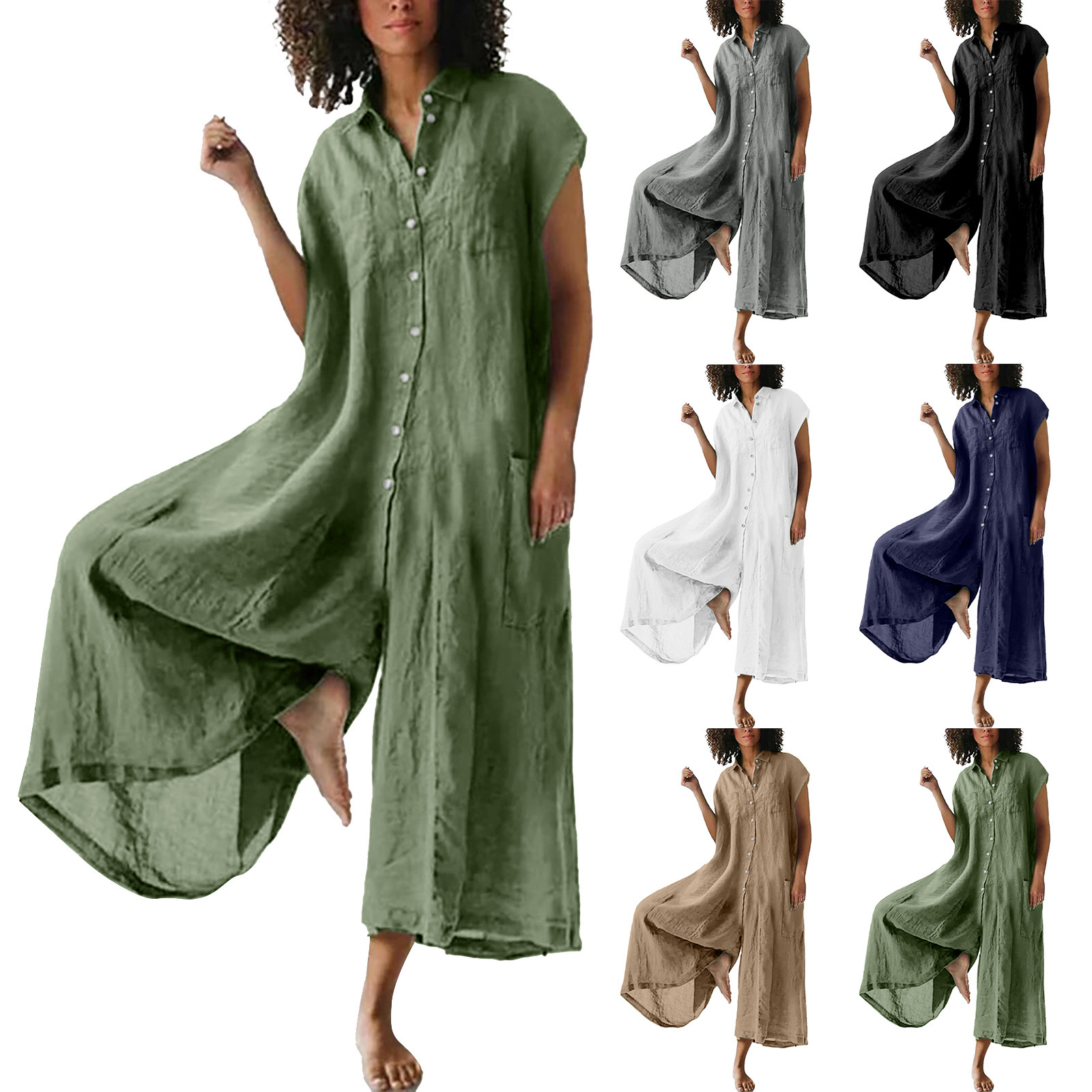 Jacenvly Summer Savings Loose Women's Solid Color Casual Short Sleeved Medium Length Cotton Linen Shirt Jumpsuit Lapels Fast Drying Plus Size Womens Clothes Black